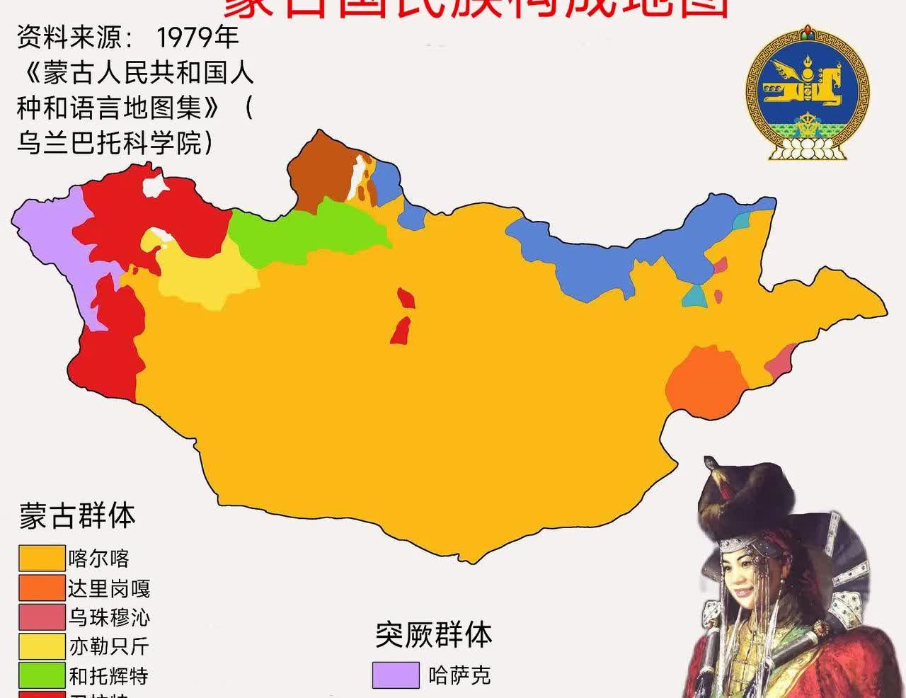 蒙古国的民族构成地图，有大约十个族群，其中有九个蒙古语族，还有一个突厥语系的哈萨