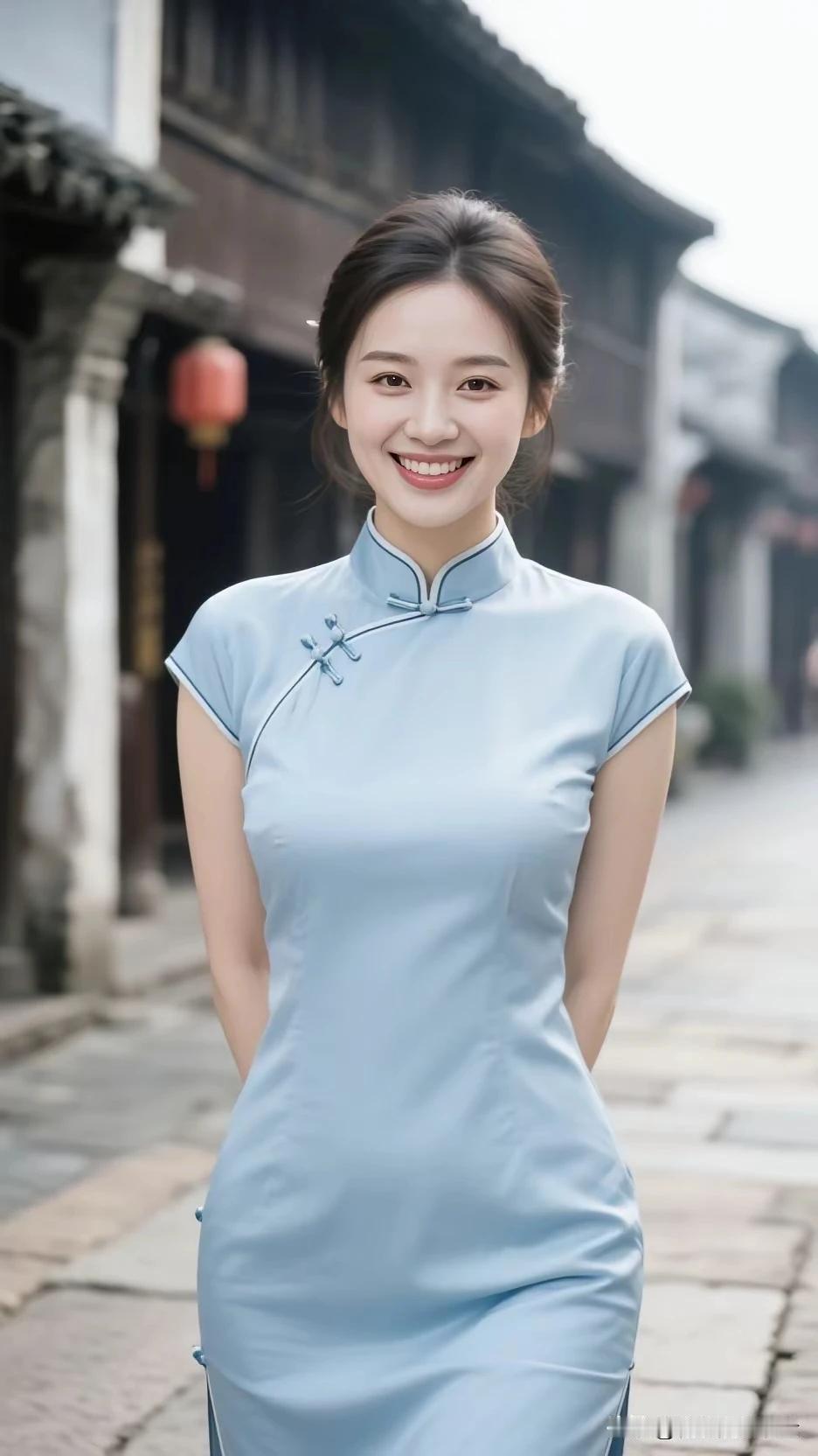 江南美人，水乡古镇蓝色旗袍，清纯女孩眉清目秀，美若冠玉出水芙蓉，亭亭玉立