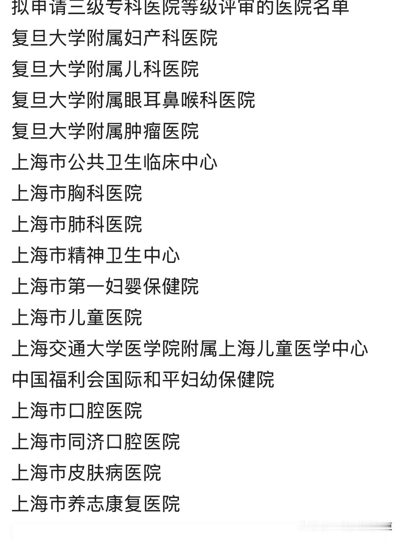 关于上海市部分三级医院等级评审前置要求违反情况向社会公开征询意见的公示