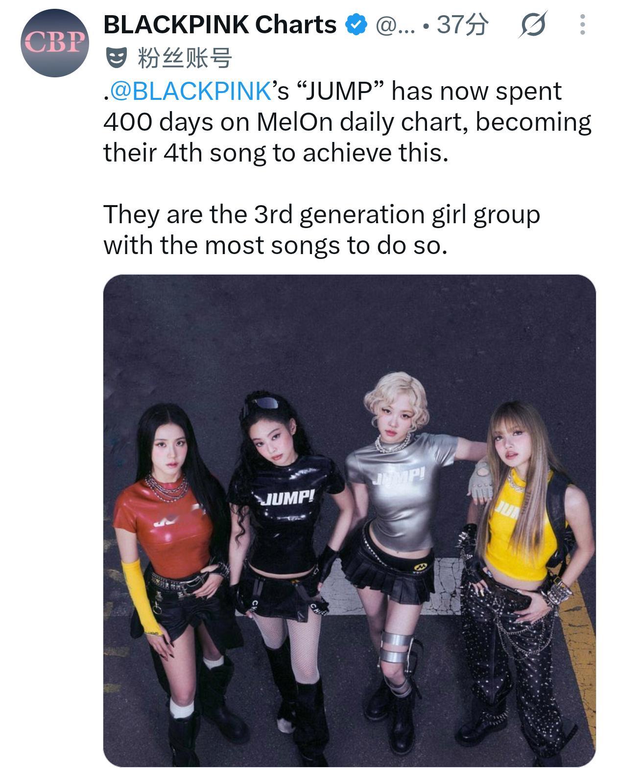 BLACKPINK「JUMP」Melon日榜在榜天数来到400天，成为BLAC