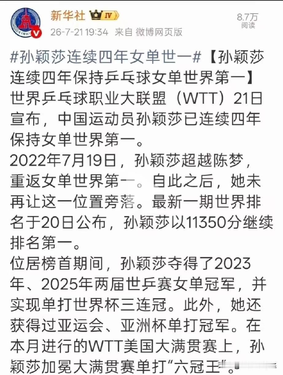 新华社发文祝贺孙颖莎连续4年女单世一！为什么是孙颖莎呢能连续4年呢，她从22年