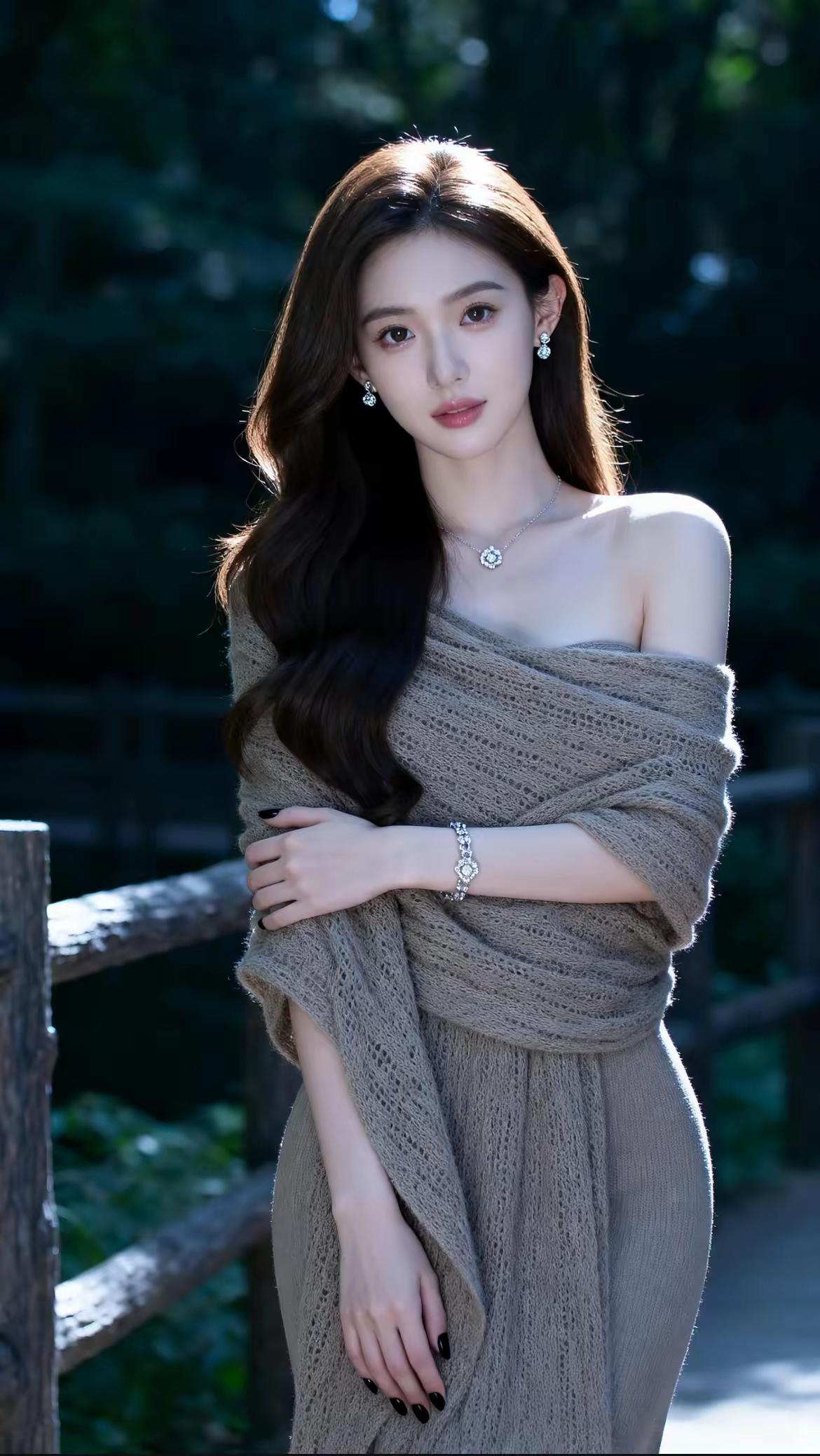 优雅气质，自然光线下，森林中的时尚女神。