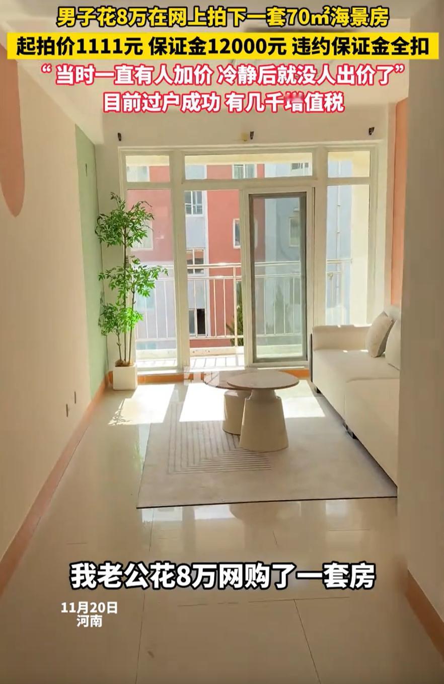 近日，河南，一对夫妻在网上看到有海景房拍卖，一番竞拍后花8万元拍下了一套70平的