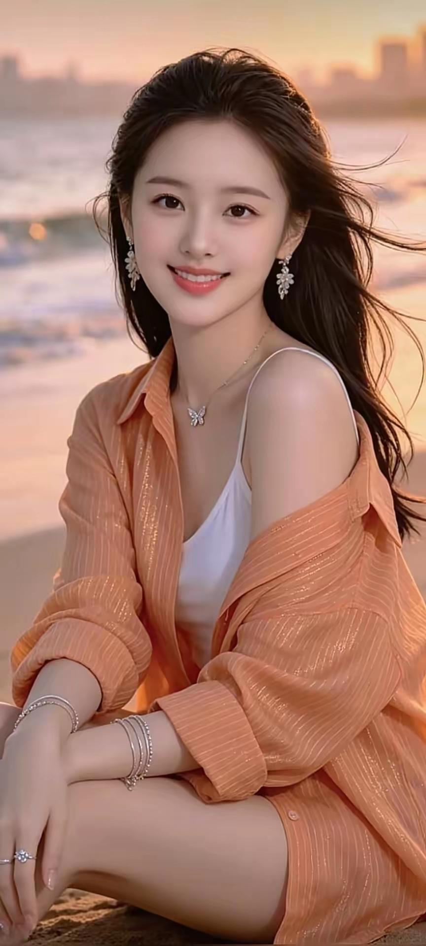 这位美女在海边晒太阳，真漂亮！