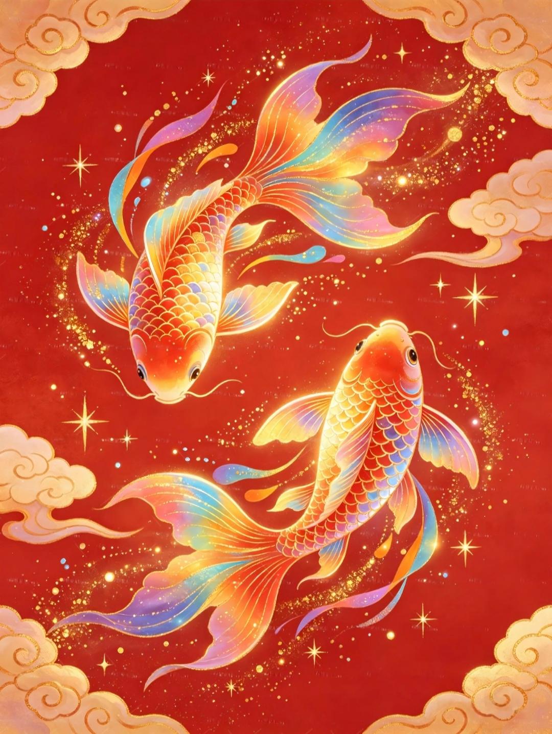 锦鲤游进好运里，把彩虹色的梦洒满红红火火的日子，愿你年年有余，万事皆顺意！传统文