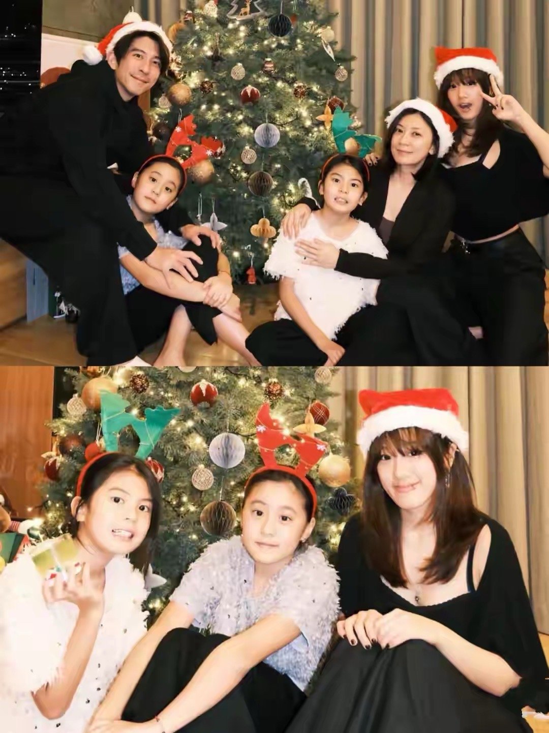 贾静雯一家过圣诞，梧桐妹穿低胸裙身材傲人，咘咘和波妞越来越像