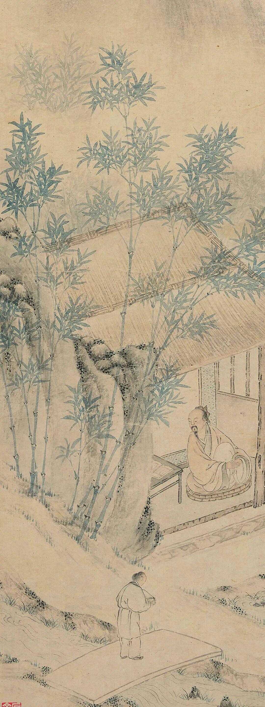 改琦《临唐寅茅屋蒲团图》，立轴设色纸本101×32cm。题识：虚亭林木里，