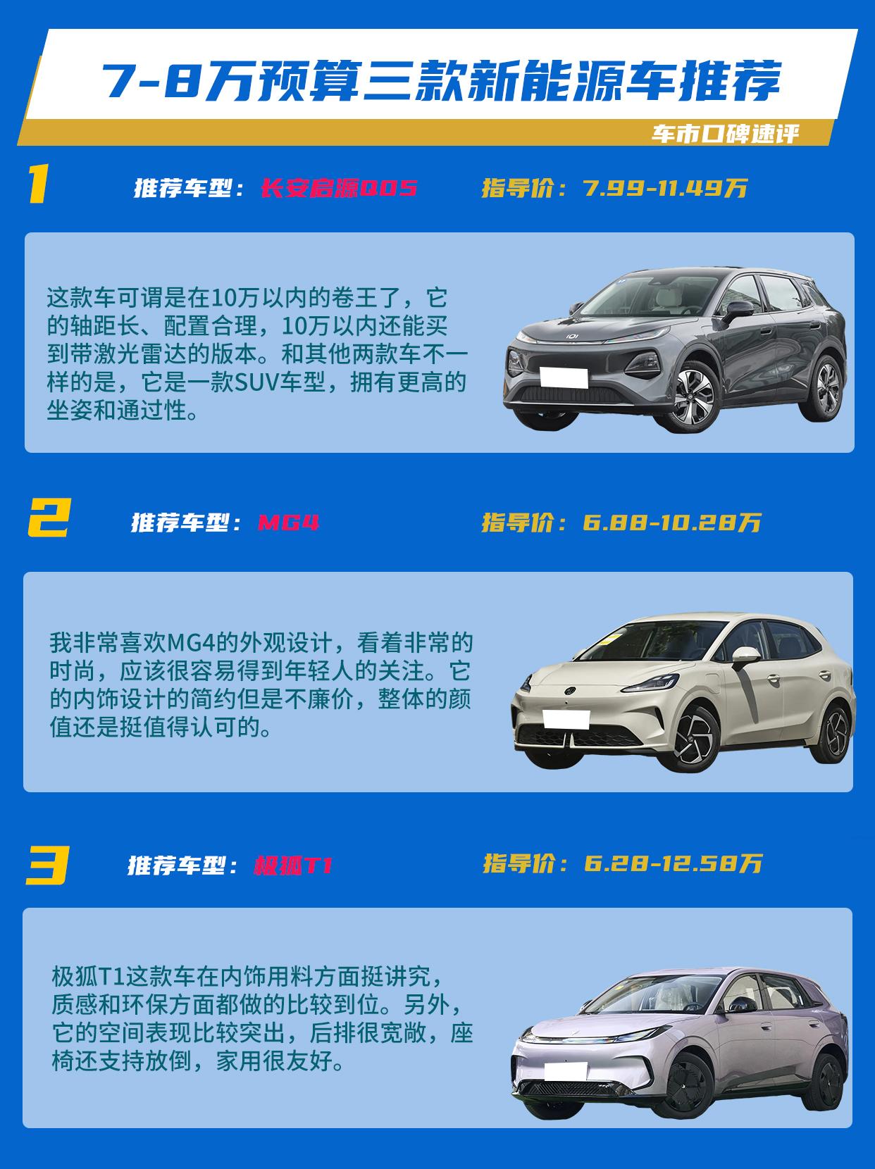 长安启源Q05、MG4、极狐T1这三款车是目前比较火的新能源代步车，7-8万就能