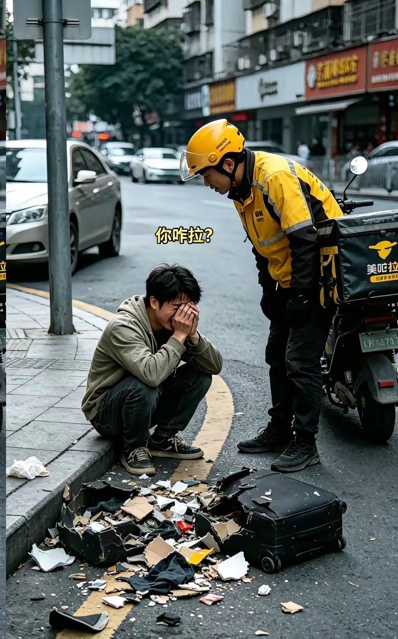 深圳街头，一位19岁小伙蹲在路边崩溃大哭，行李被车压碎，身无分文。路过的外卖小哥