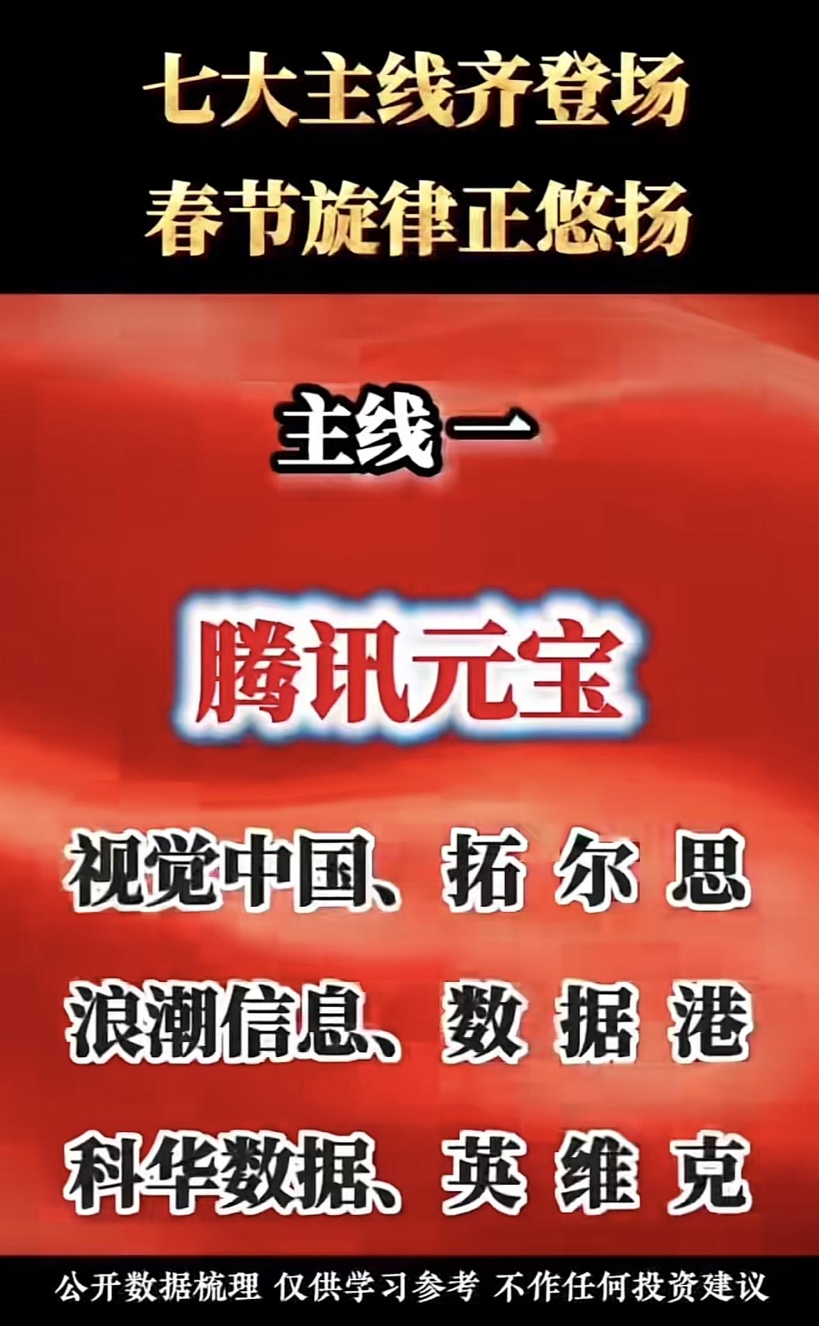 七大主线齐登场，春节行情正悠扬！春节行情七大主线启动，腾讯元宝领衔科技股，数