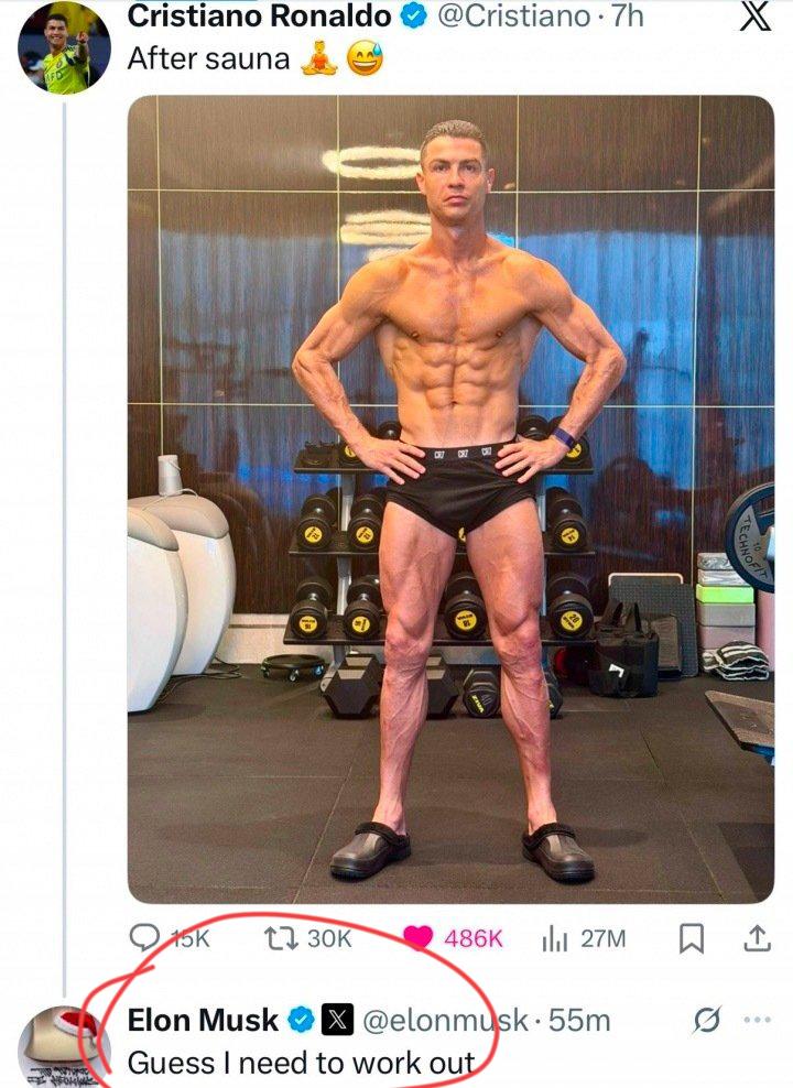 C罗一张晒肌肉的照片，把世界首富马斯克也“炸”了出来。事情挺简单。40岁的C