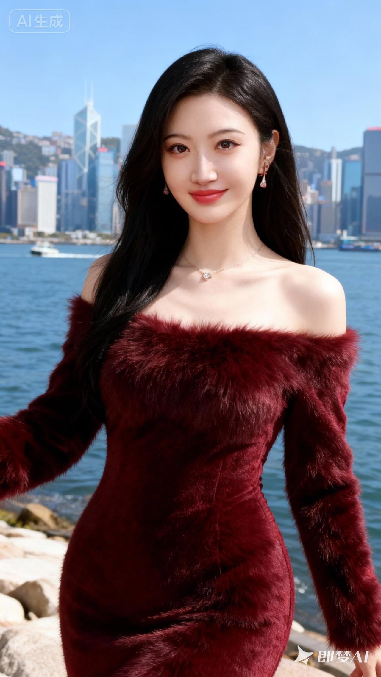 都市红衣女郎，海港背景下的时尚大片