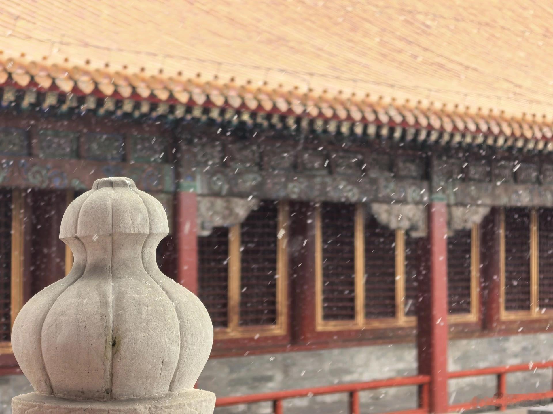 故宫下雪啦！12月12日，北京迎来今冬初雪，漫天飞雪轻柔酒落，为故宫红墙黄瓦披上