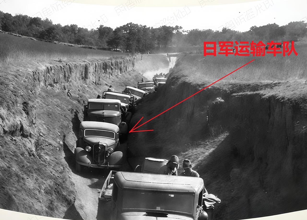 1941年，河南济源，一队日军运输车队正在通过一个山谷。从照片上看这个山谷真的好