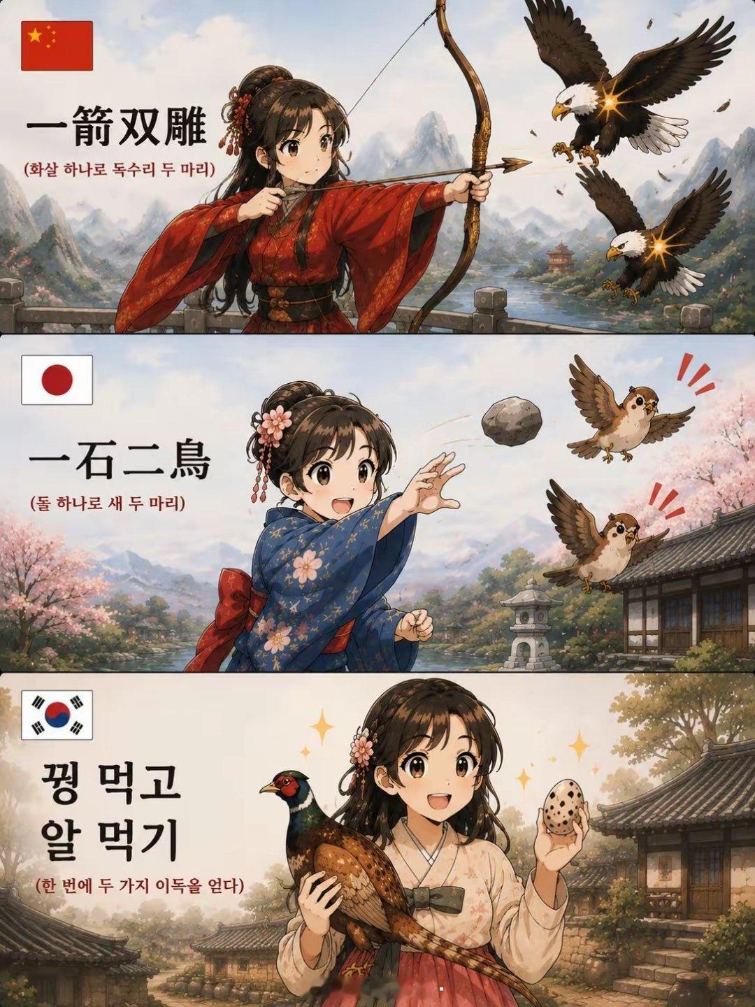 对我们中国人来说，一石二鸟也是我们的说法吧。但韩国这种既吃鹌鹑又吃蛋的说法我没听