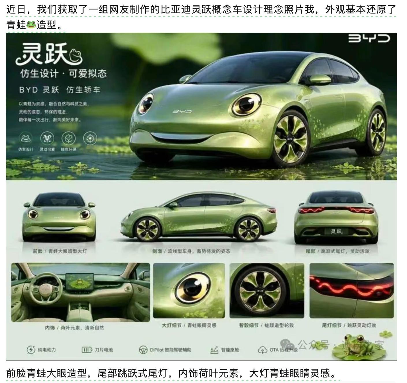 网友脑洞不小啊，给比亚迪制作了一个灵跃概念车，外观基本还原了青蛙🐸造型。琢磨