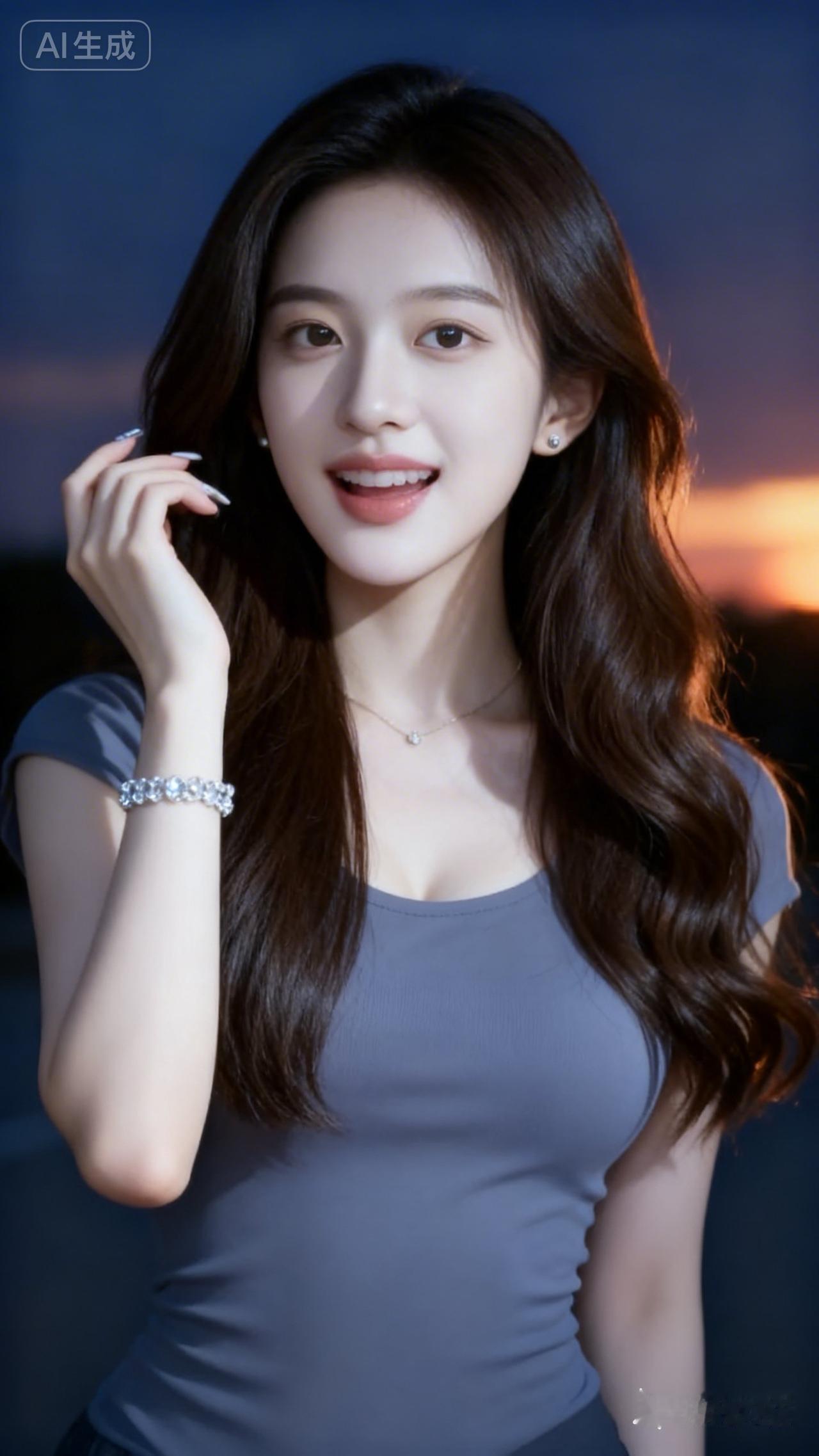 甜美少女风，温柔笑容，时尚穿搭，夜晚的浪漫氛围。