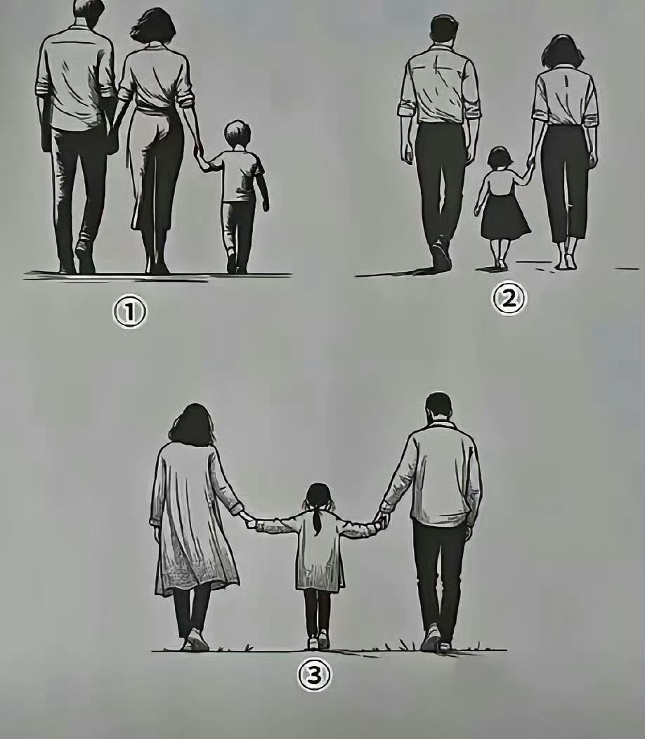 看这张图，猜猜哪个是二婚家庭。第一个，妈妈牵着孩子的手，爸爸牵着妈妈的手；第二个