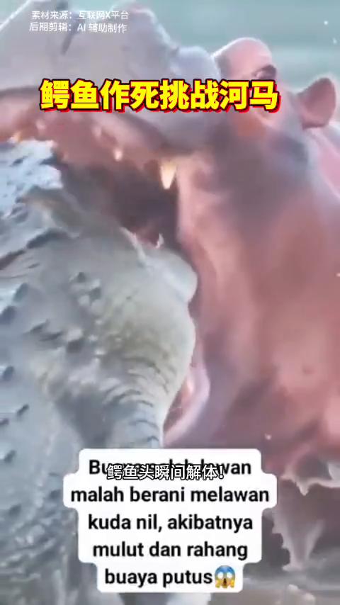 鳄鱼作死挑战河马。这头鳄鱼是饿了吗？敢去张开大嘴咬河马，没想到河马嘴巴比它还大
