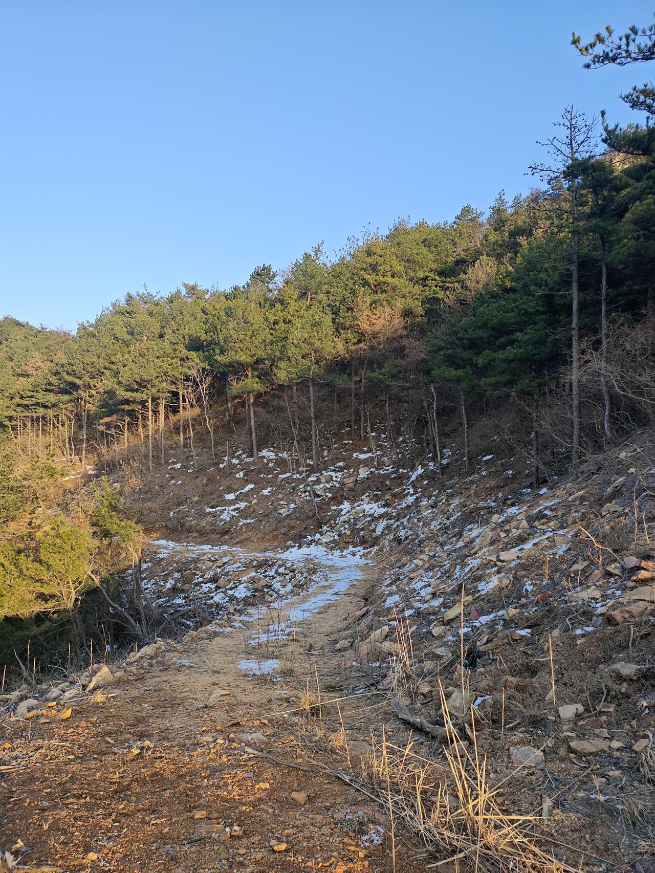 冬日生活打卡季沿着双峰山山脊徒步，山阴面还有前几日未融化的积雪，驻足察看，部分雪