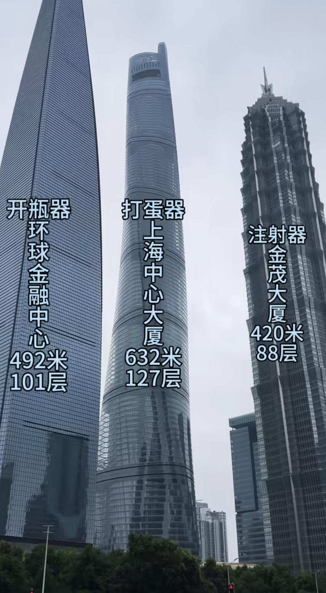 上海高楼三件套，那可是魔都天际线的标志性存在。金茂大厦，有88层，高度420.