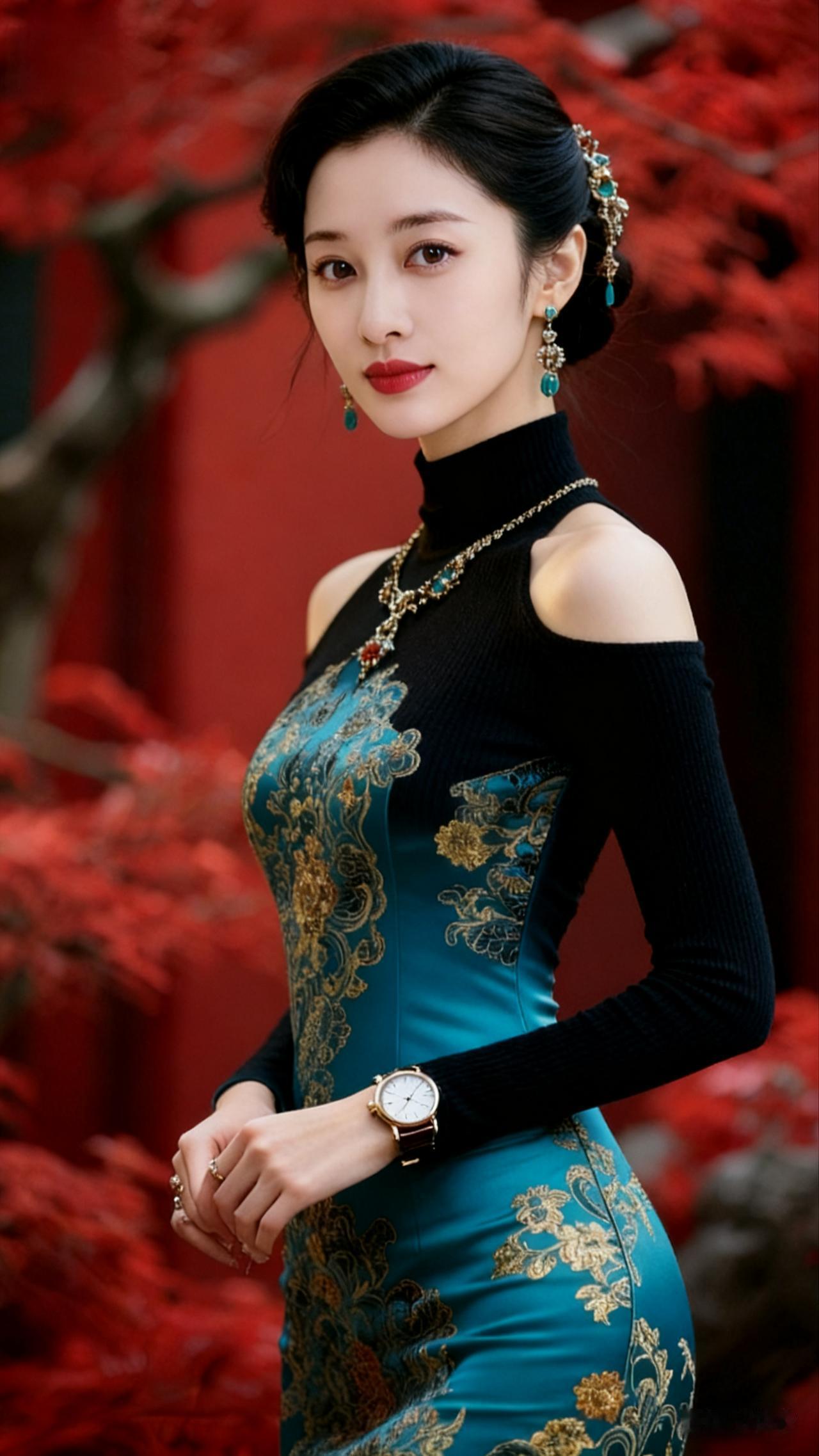 优雅蓝裙，红叶相伴，尽显东方韵味