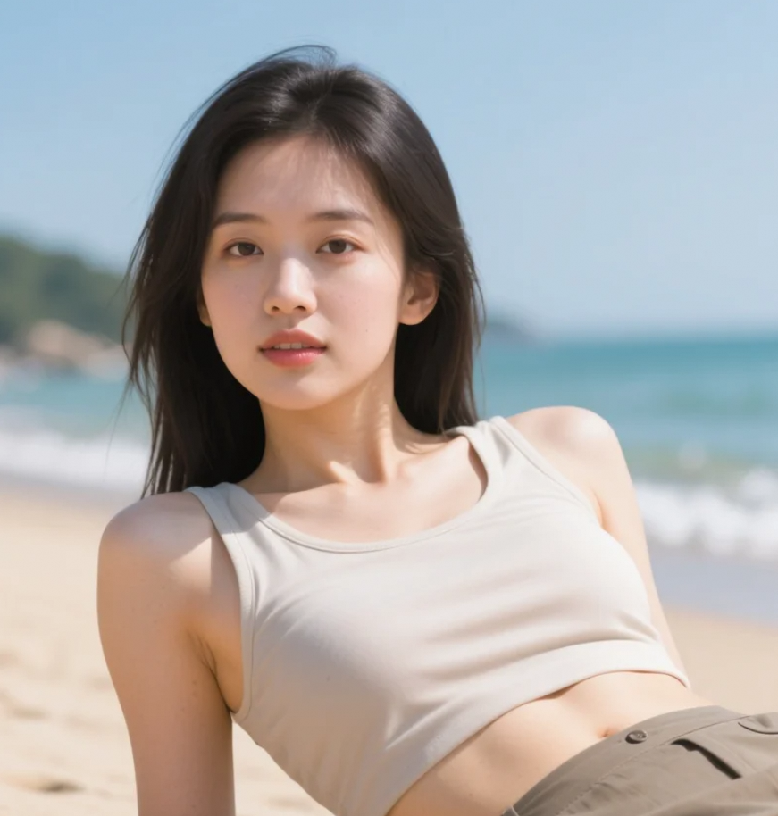 沙滩上的亚洲美女，尽情享受温暖的日光浴