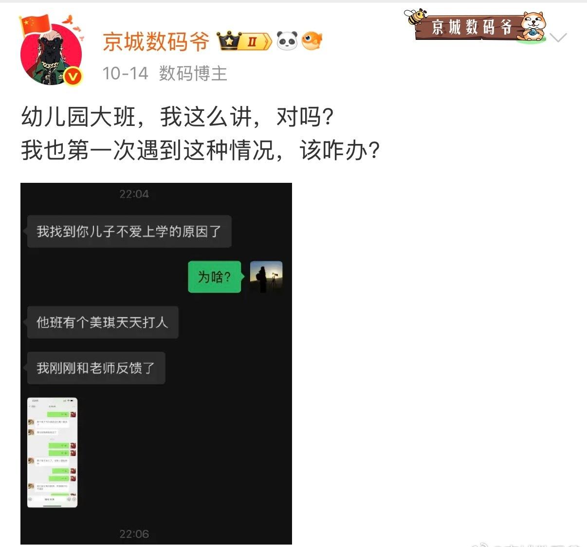我儿子幼儿园的事情目前算是处理完毕了！～我儿子说那孩子打他，他还回去了，并且告