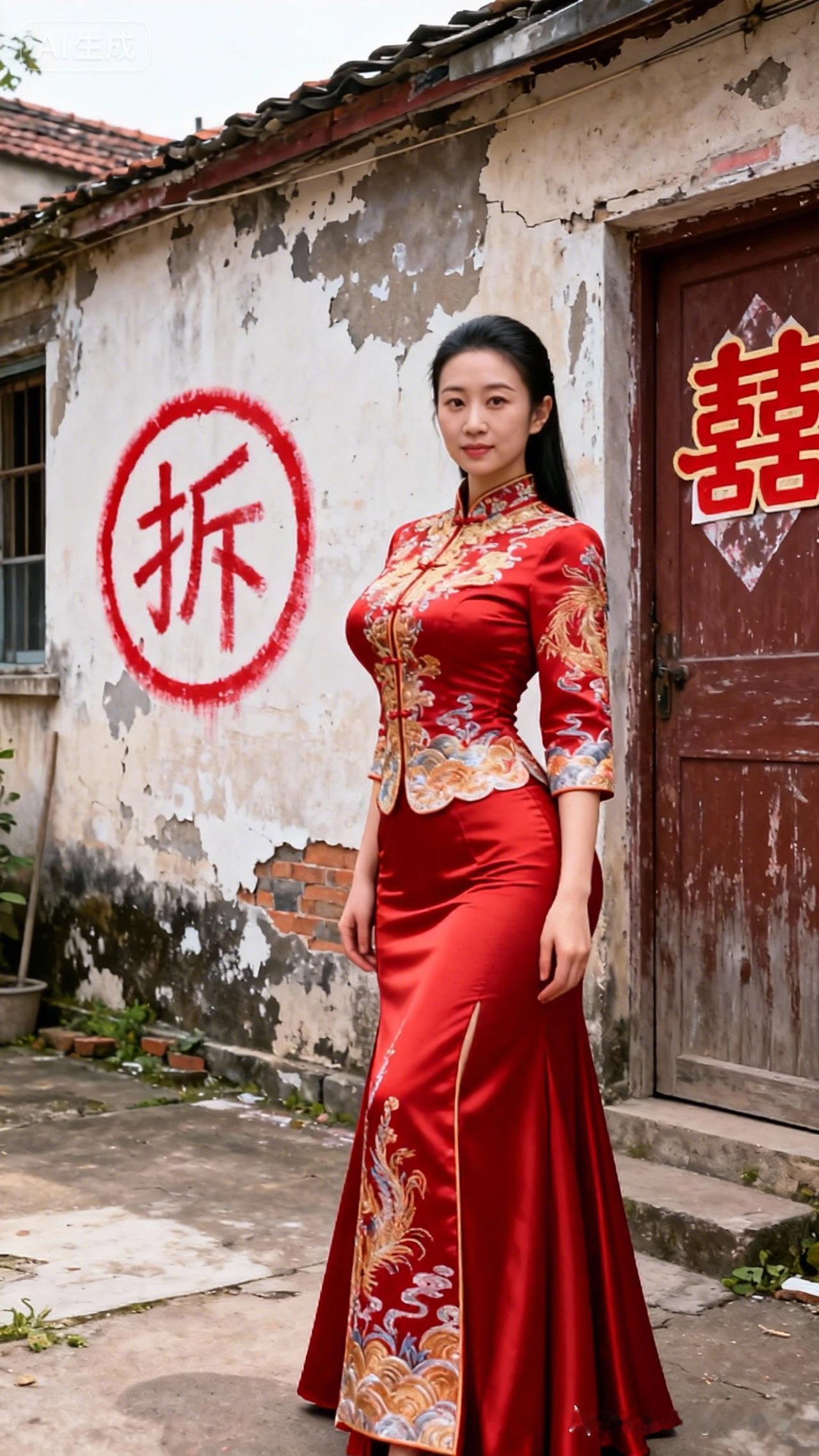 红衣美人与老墙的复古碰撞，传统与现代的完美融合。