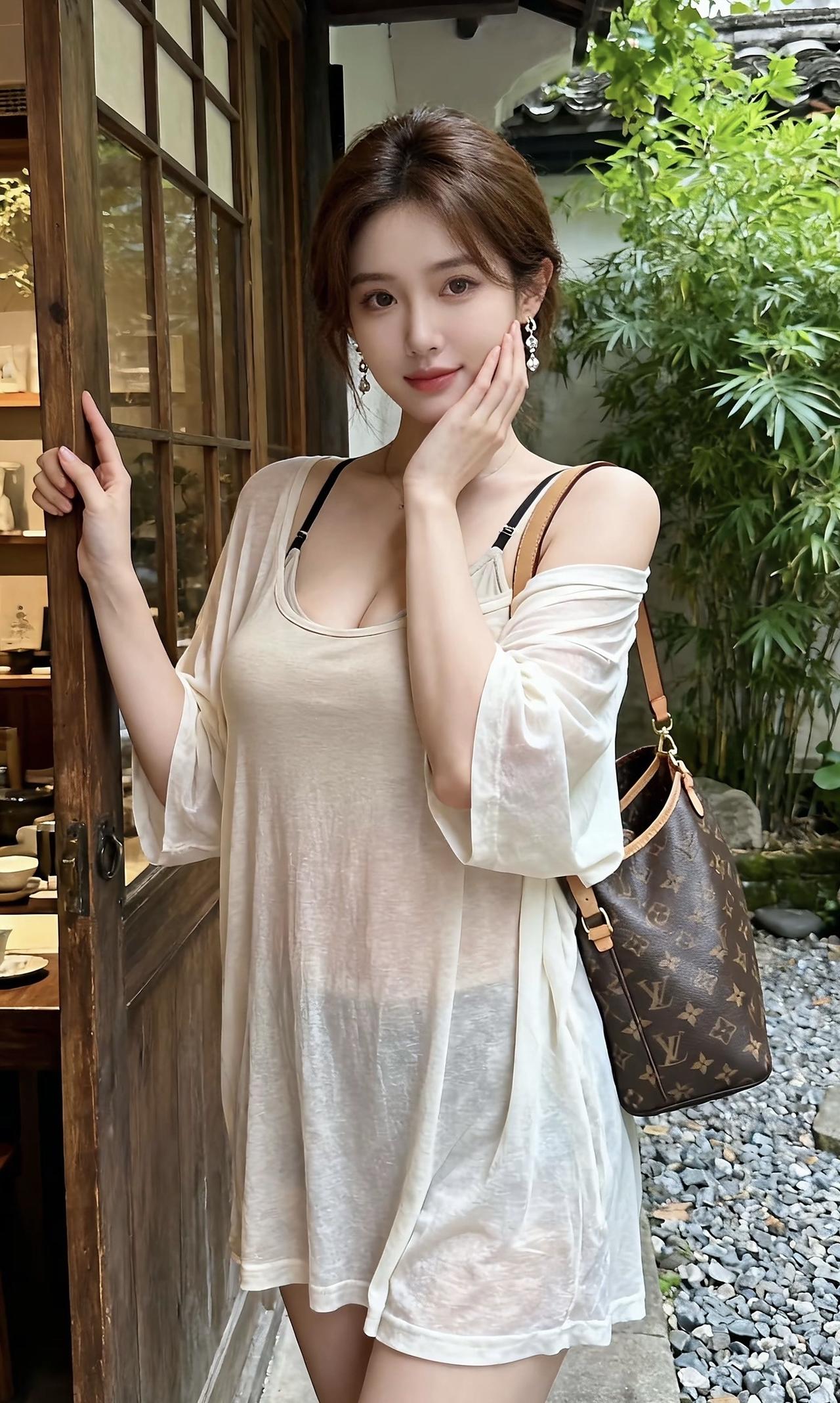 清新夏日穿搭，优雅气质，竹林小院，LouisVuitton包包，轻松惬意。