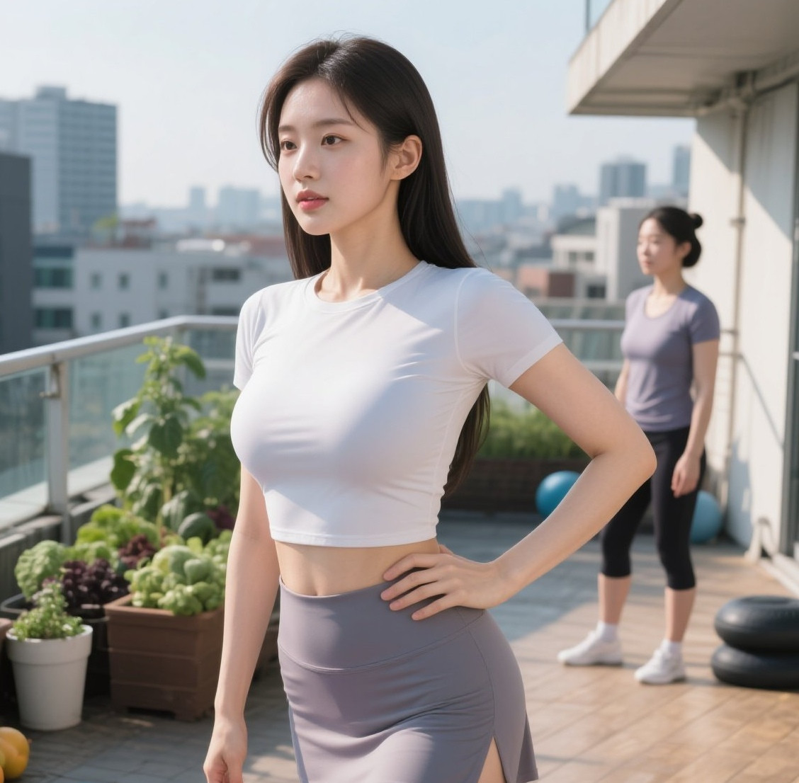 瑜伽服美女活力四射，天台上的焦点女神