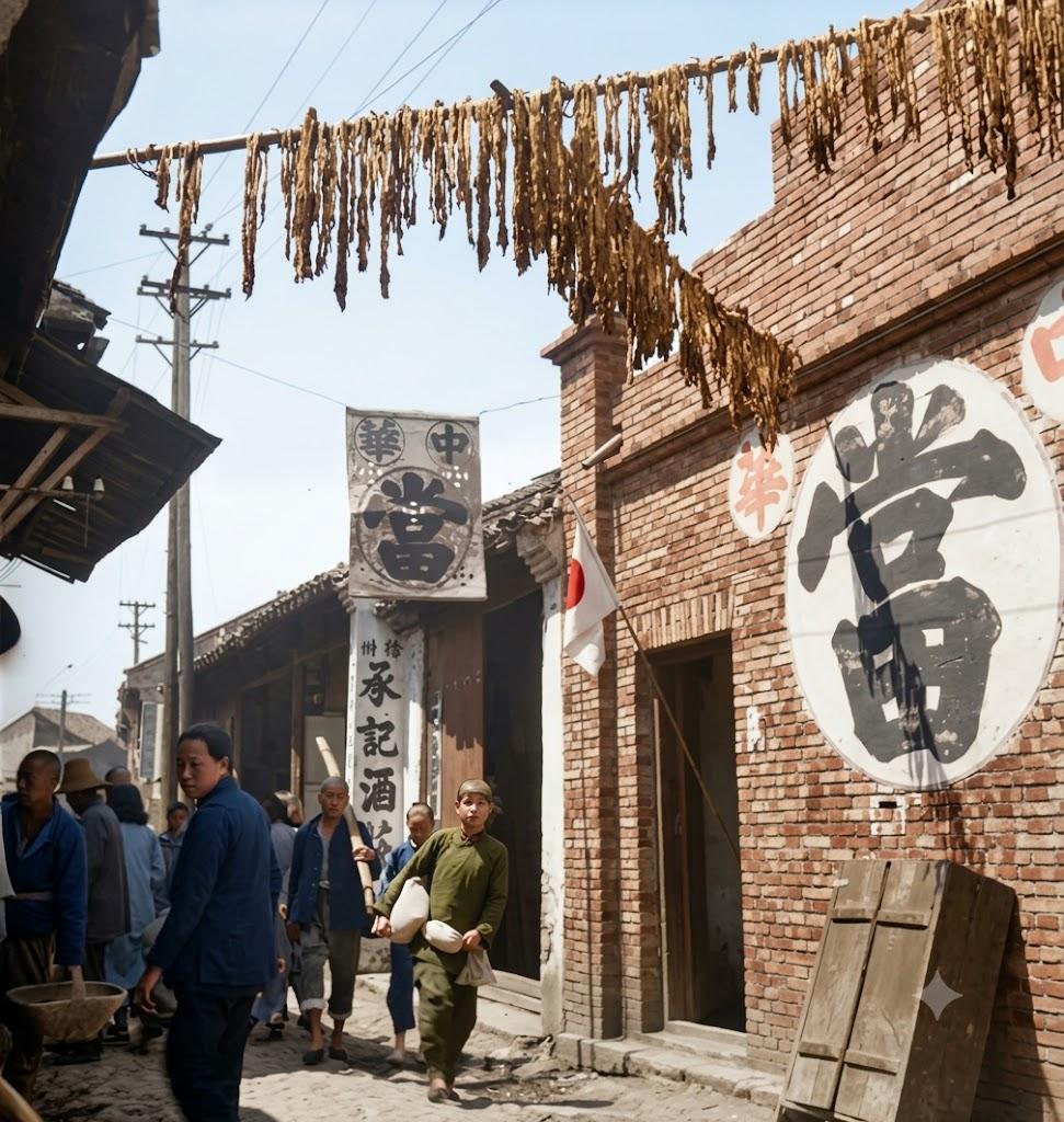 1940年，南京城南旧巷里的当铺。青砖墙面印着醒目的硕大“當”字，巷口高悬字号招