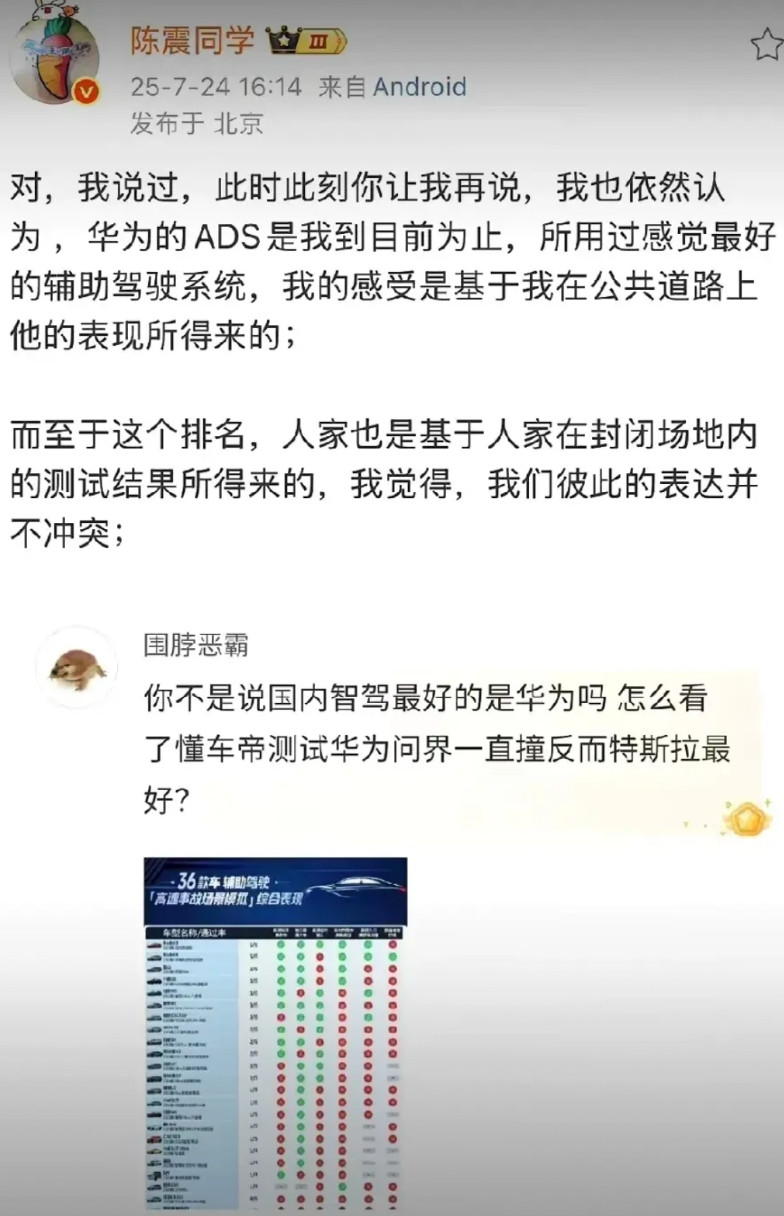 看看陈震同学怎么评价这次懂车帝智驾测试的！他依然认为，华为ads是目前最好的智
