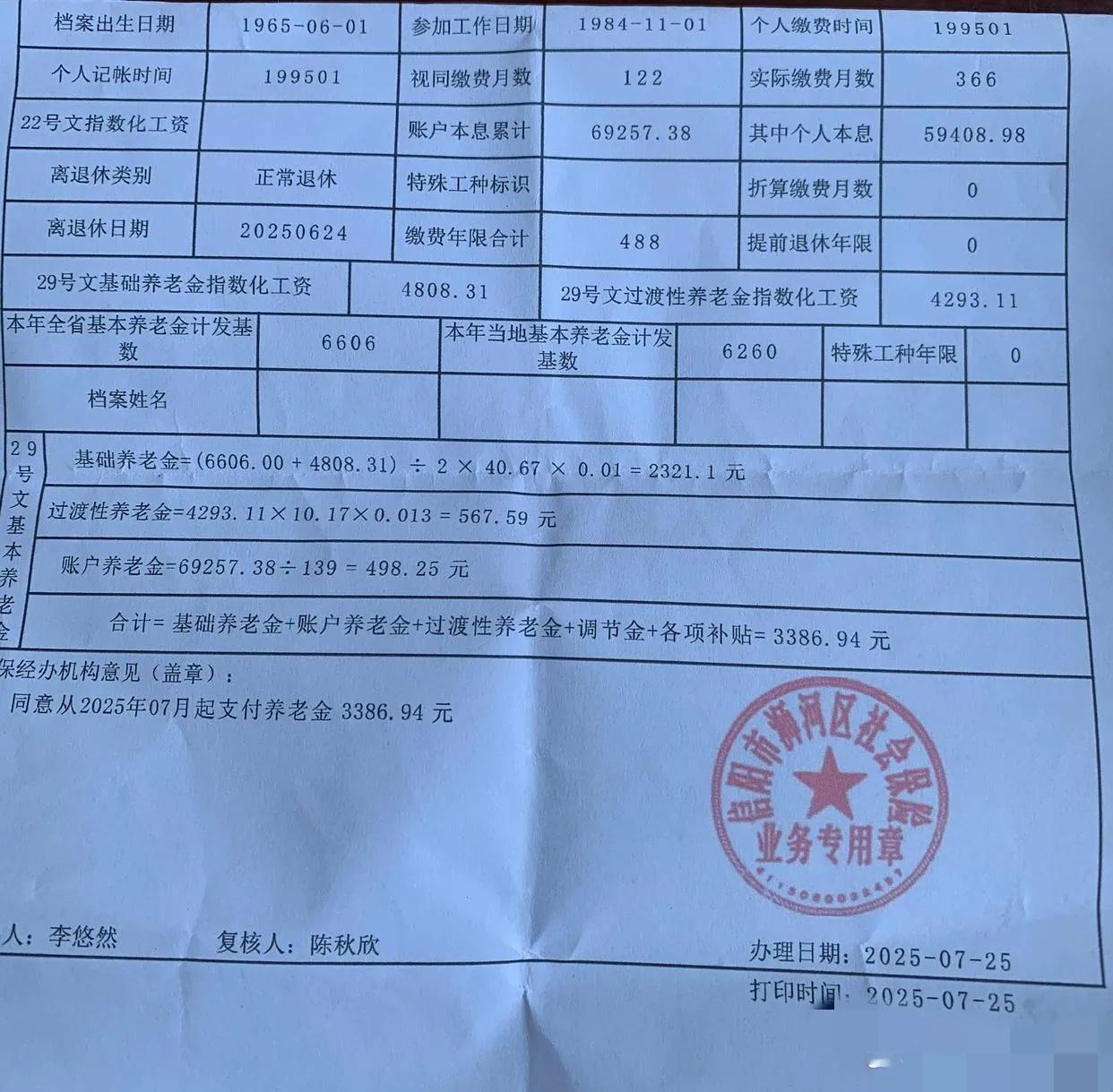 捧起这份养老金核定表，三千余元的数字映入眼帘。表中记录着您1965年6月出生，2