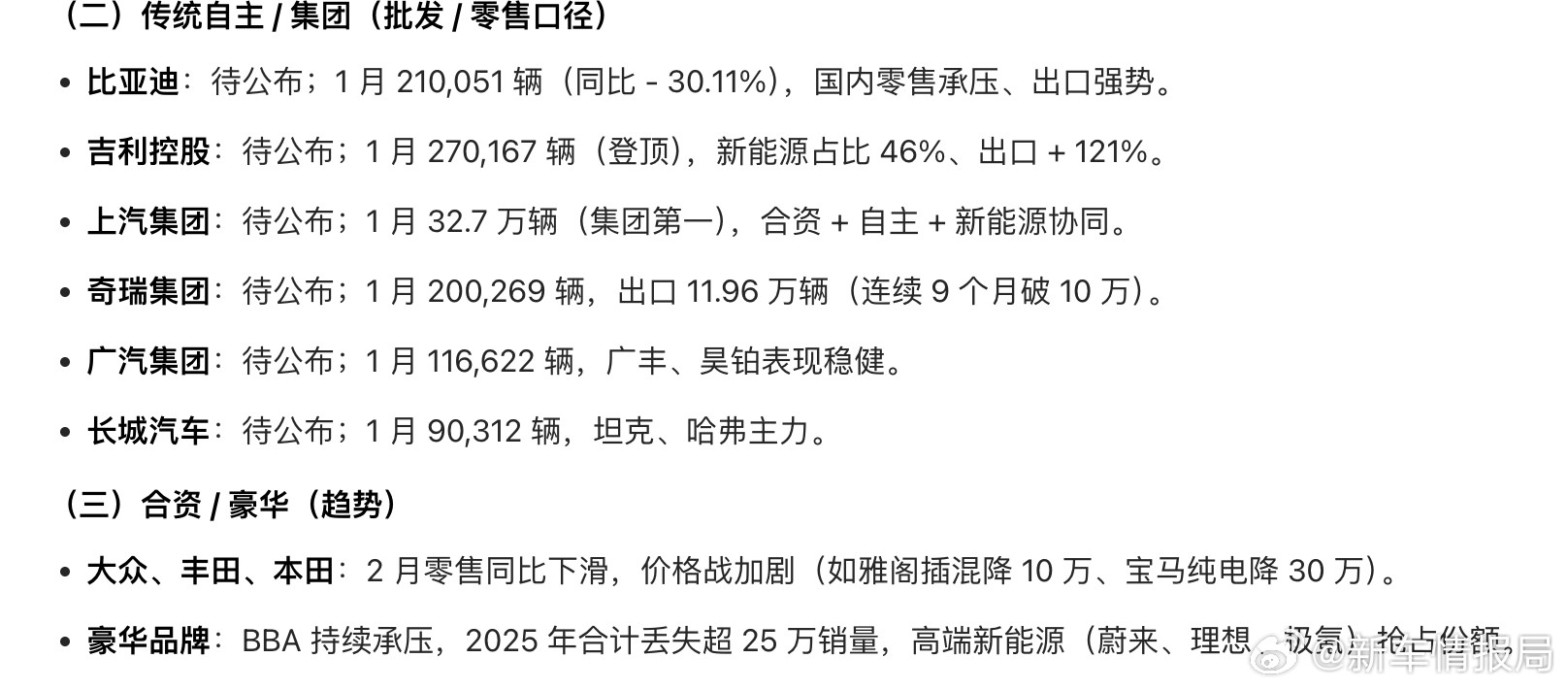 新车情报局进入2026年，车企销量都有些许下滑，而到了2月，车市受春节假期