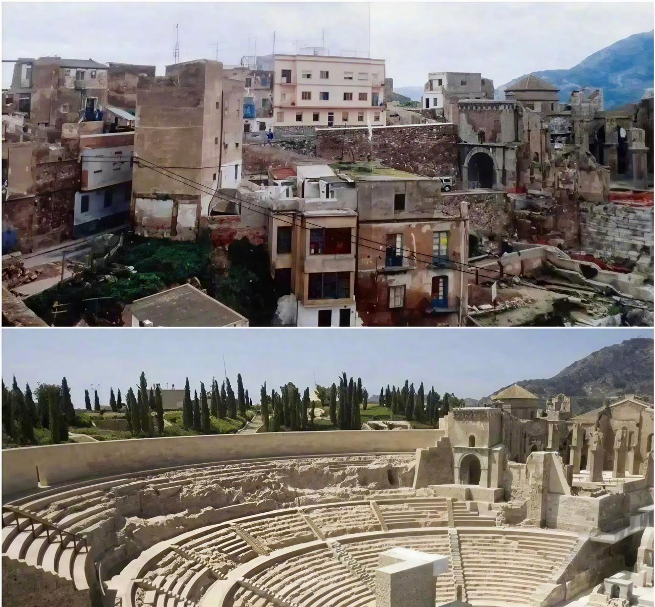 西班牙卡塔赫纳古罗马剧场挖掘前后的照片，这么大规模的建筑竟然在1988年才被