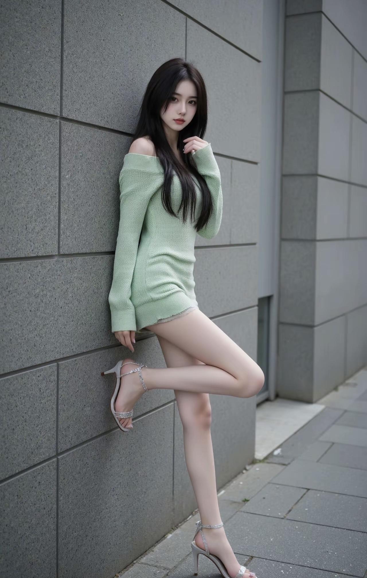 浅绿针织裹着松弛的温柔，鞋跟轻叩墙面时，风都慢了半拍。