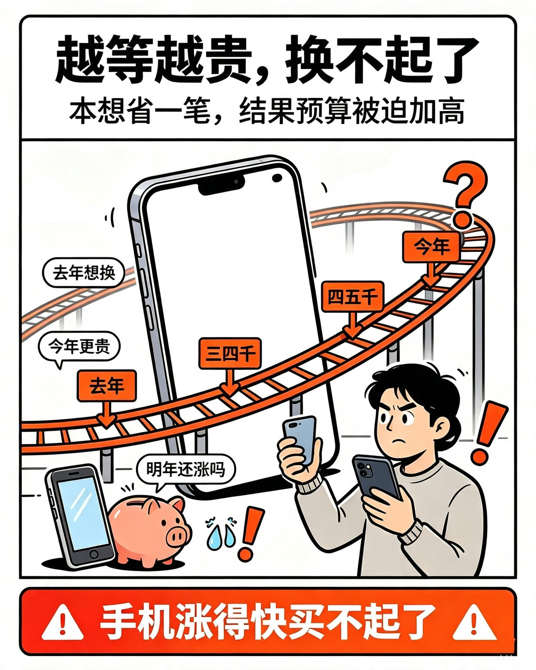 前两年换手机三四千就可以换一个了，现在起码要四五千才行，知道价格要涨，没想到涨的