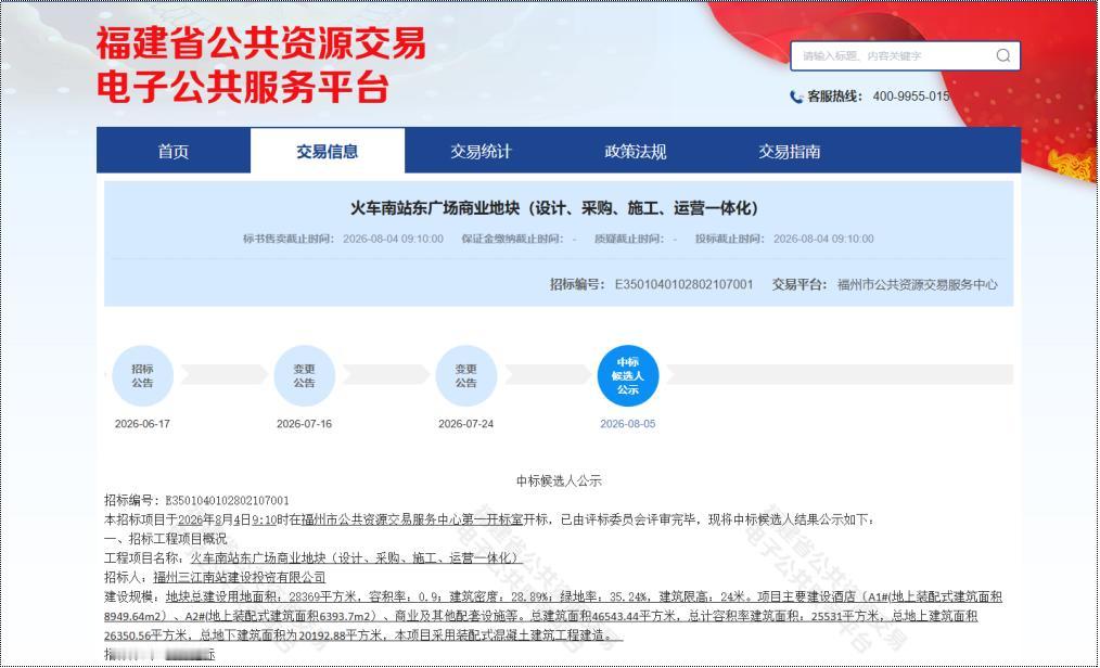 投资超6亿！中建海峡中标！福州火车南站东广场将建一座综合体！据悉，中建海峡以