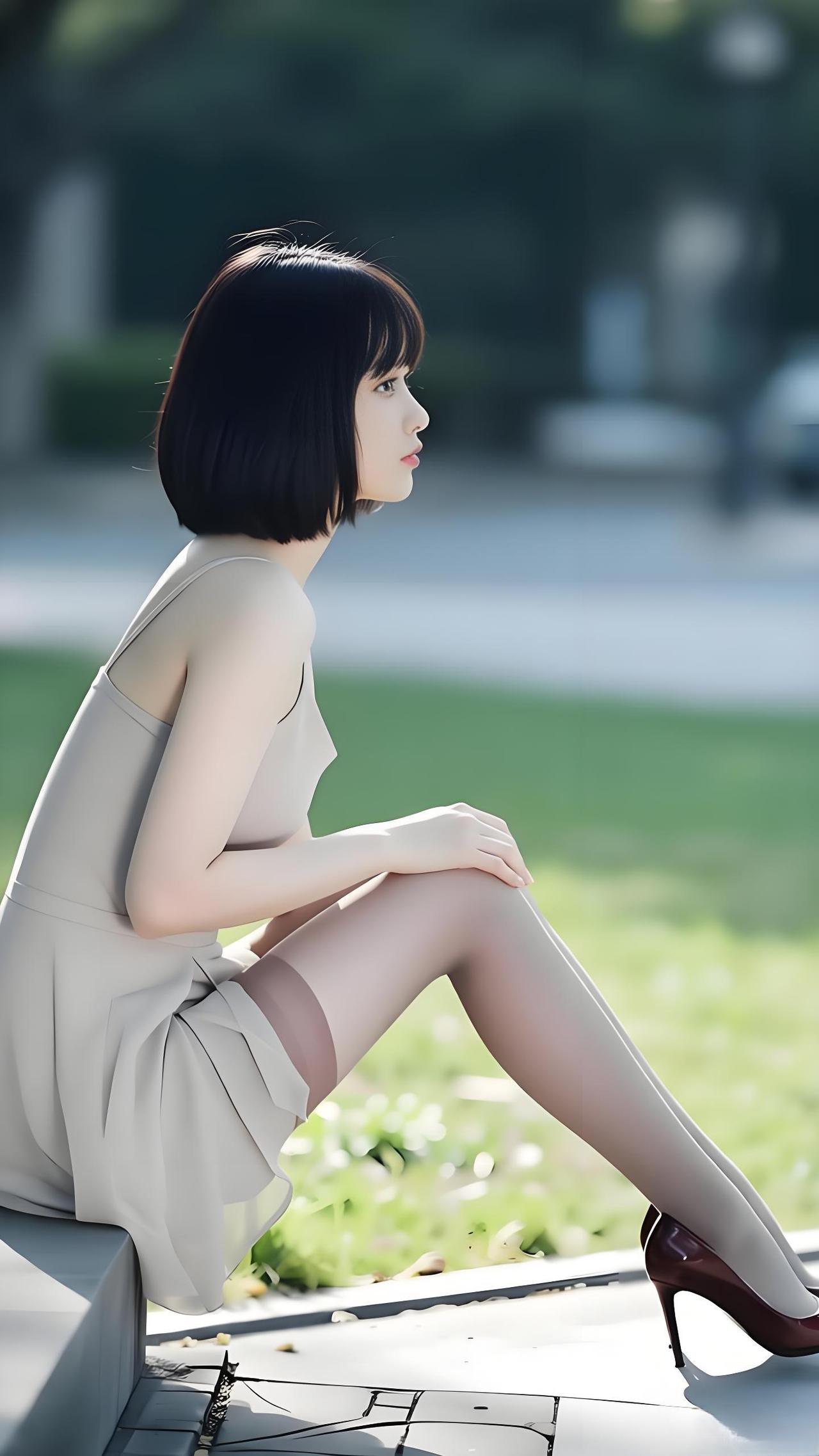 优雅坐于绿意盎然公园，浅灰色连衣裙与高跟鞋相得益彰，静谧时光，尽显都市女性魅力。