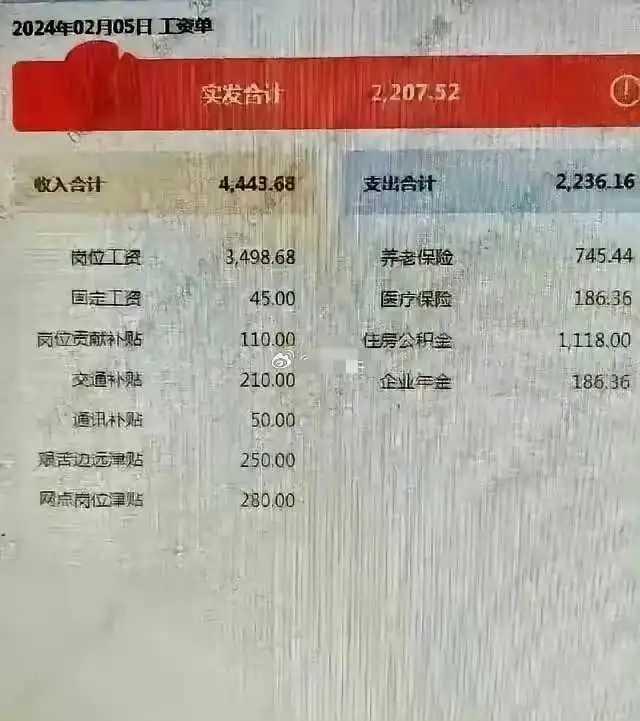 据说这是某行最基层员工的工资哦！我前阵子听楼下银行的小周说，他一个月到手才四千