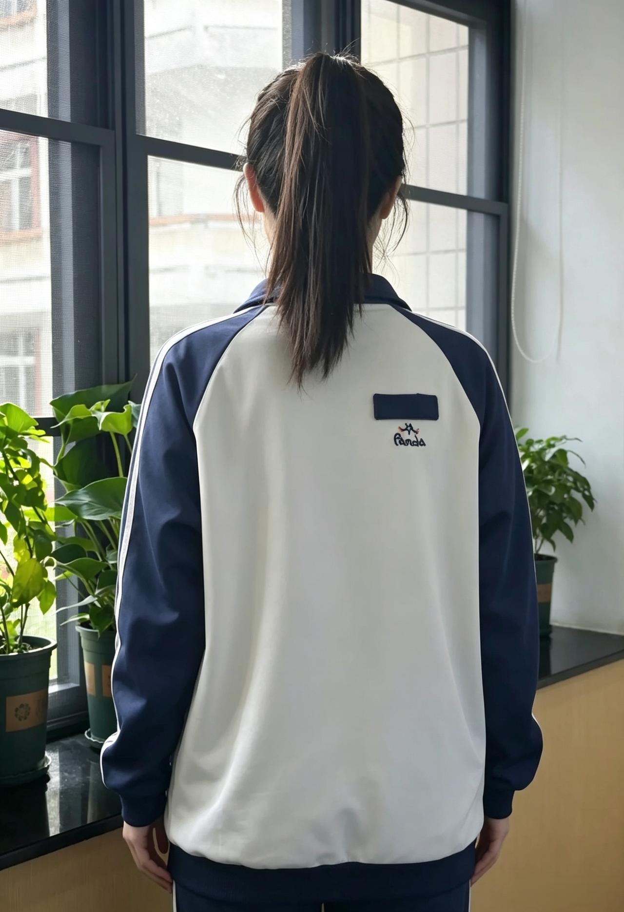 高束青丝趁少年，纤腰背影立阶前。校园风软时光慢，一抹清欢落晚天。