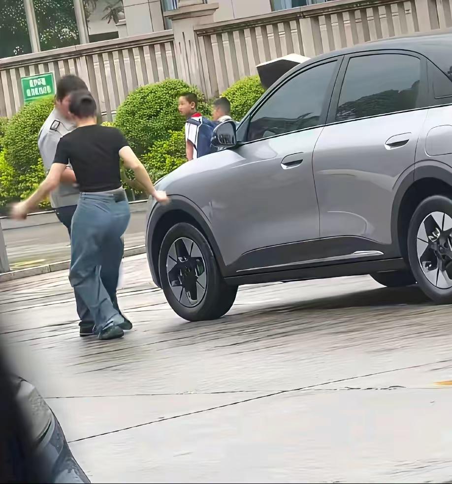 女车主对保安大哥抬腿一脚。大耳刮子扇过去，脑子都清醒了，也不哭不闹了。女士一脚踢