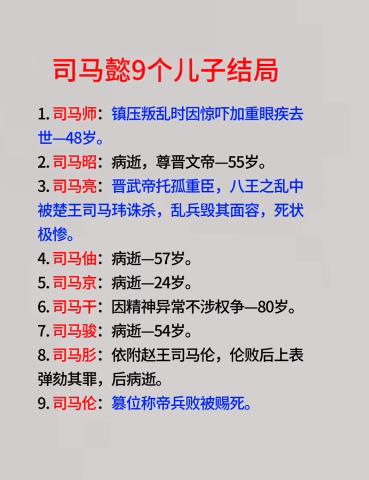 司马懿九个儿子的结局：各种死法都有，但是有七个儿子是病逝和正常死亡，只有司马亮