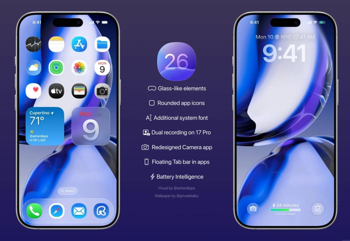 iOS26最新曝光释出，不仅应用图标变成圆角，同时锁屏控件、系统弹窗、标签栏都