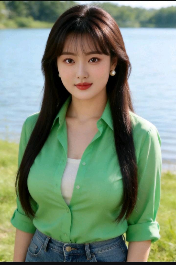 这位小姐姐穿着绿色衬衫，站在湖边。爱拍照女人到底有多美休闲文艺衬衫女湖边美女