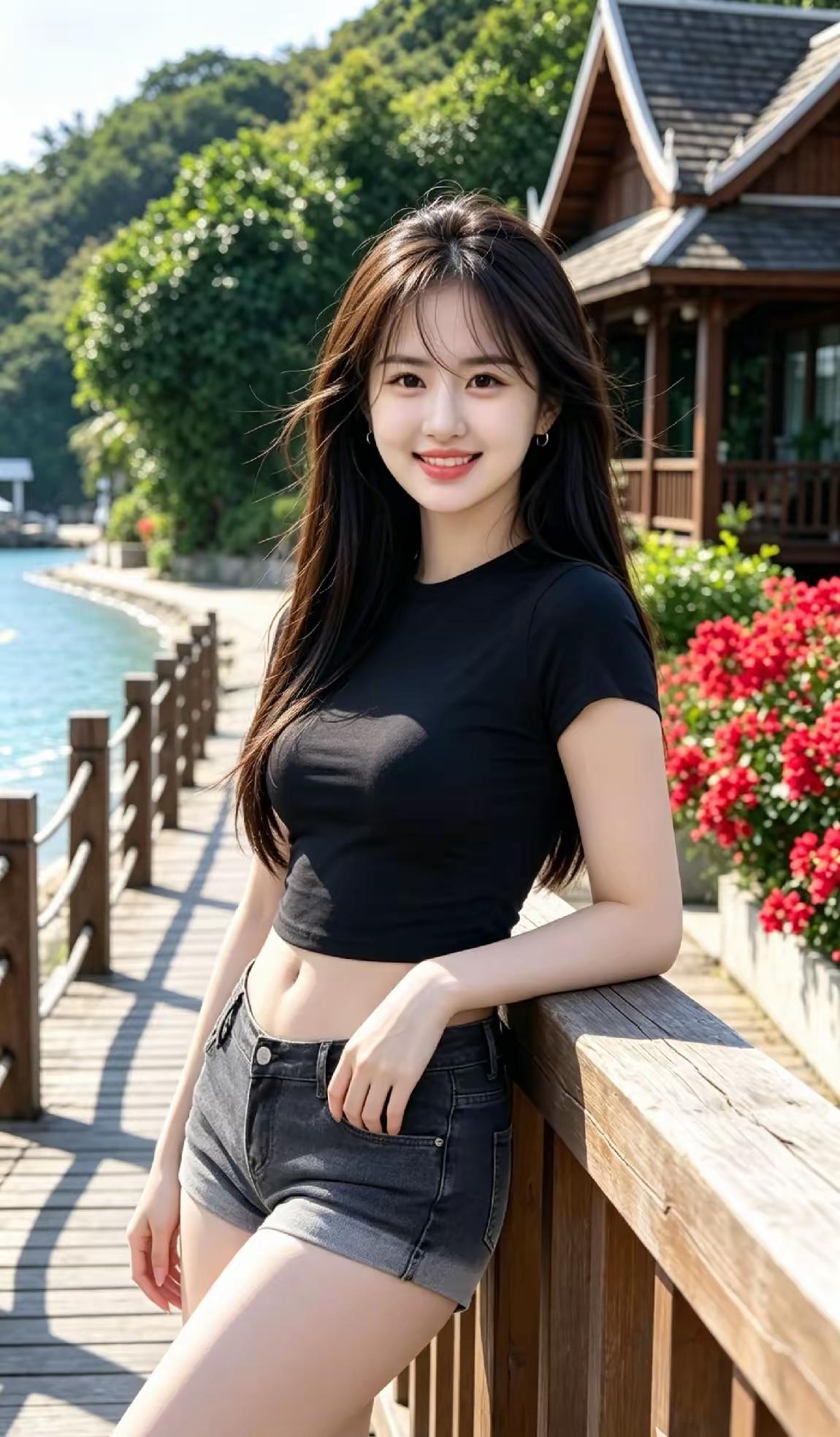 阳光明媚，她靠在栏杆上微笑。