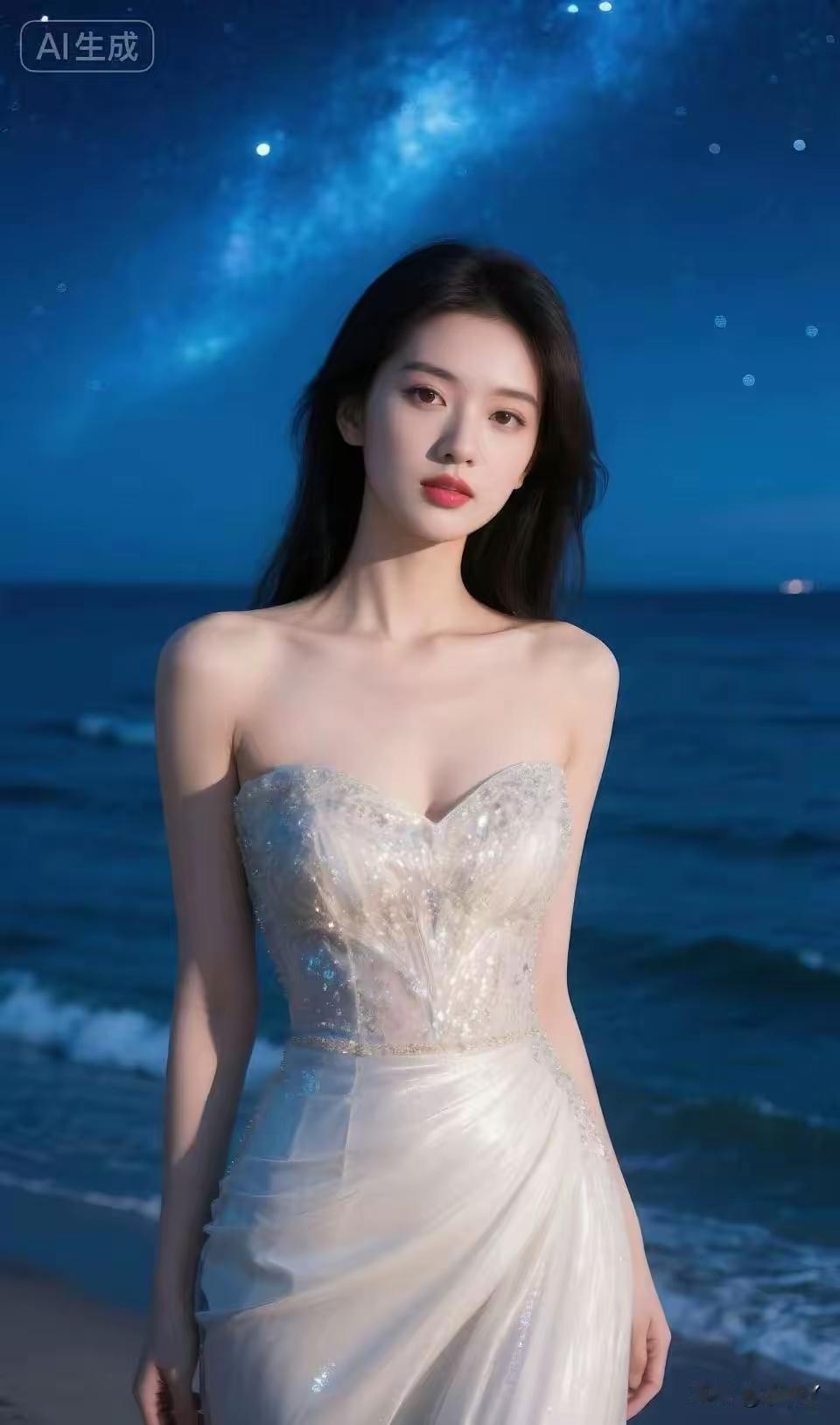 海边夜景下的梦幻婚纱，闪耀的星光与波光粼粼的海面交相辉映，宛如童话中的仙境。