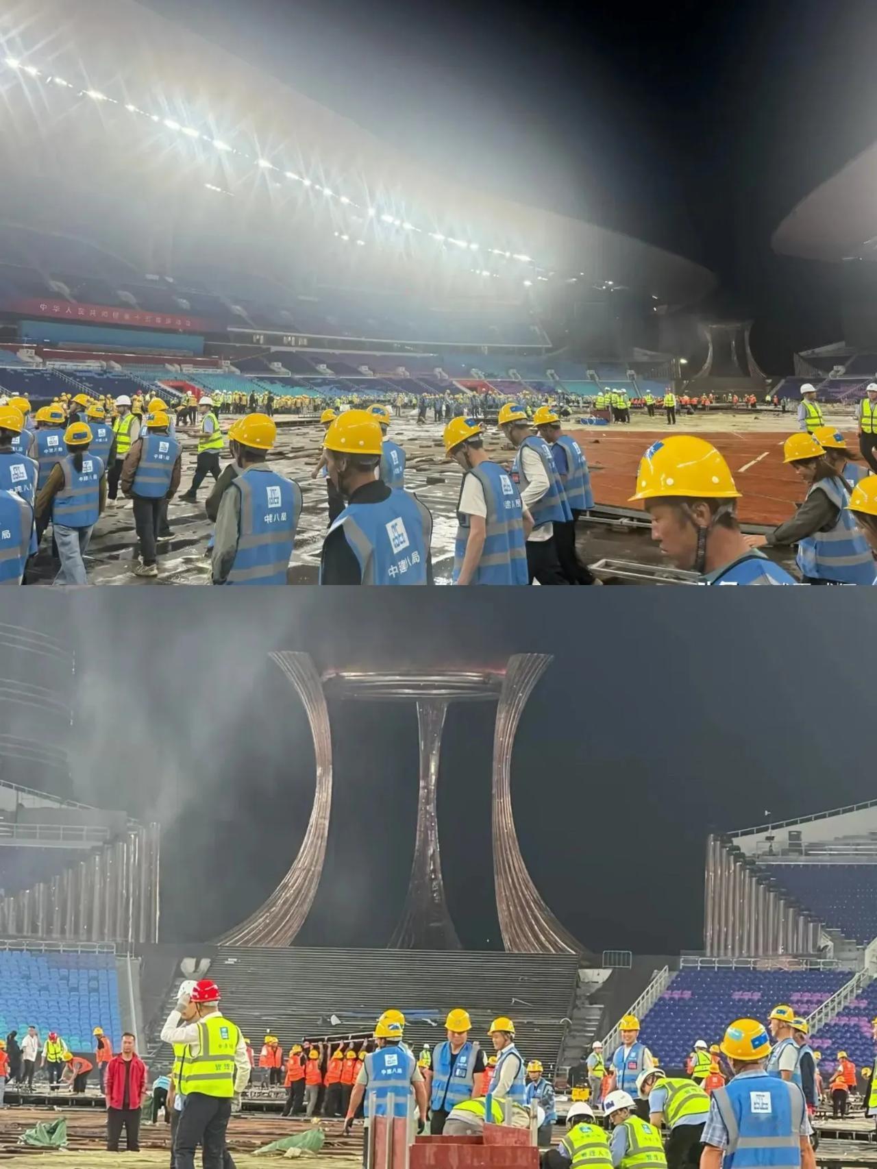 广州全运会开幕式刚落幕，中建八局的工人们就火速进场，几百号人通宵赶工拆舞台，
