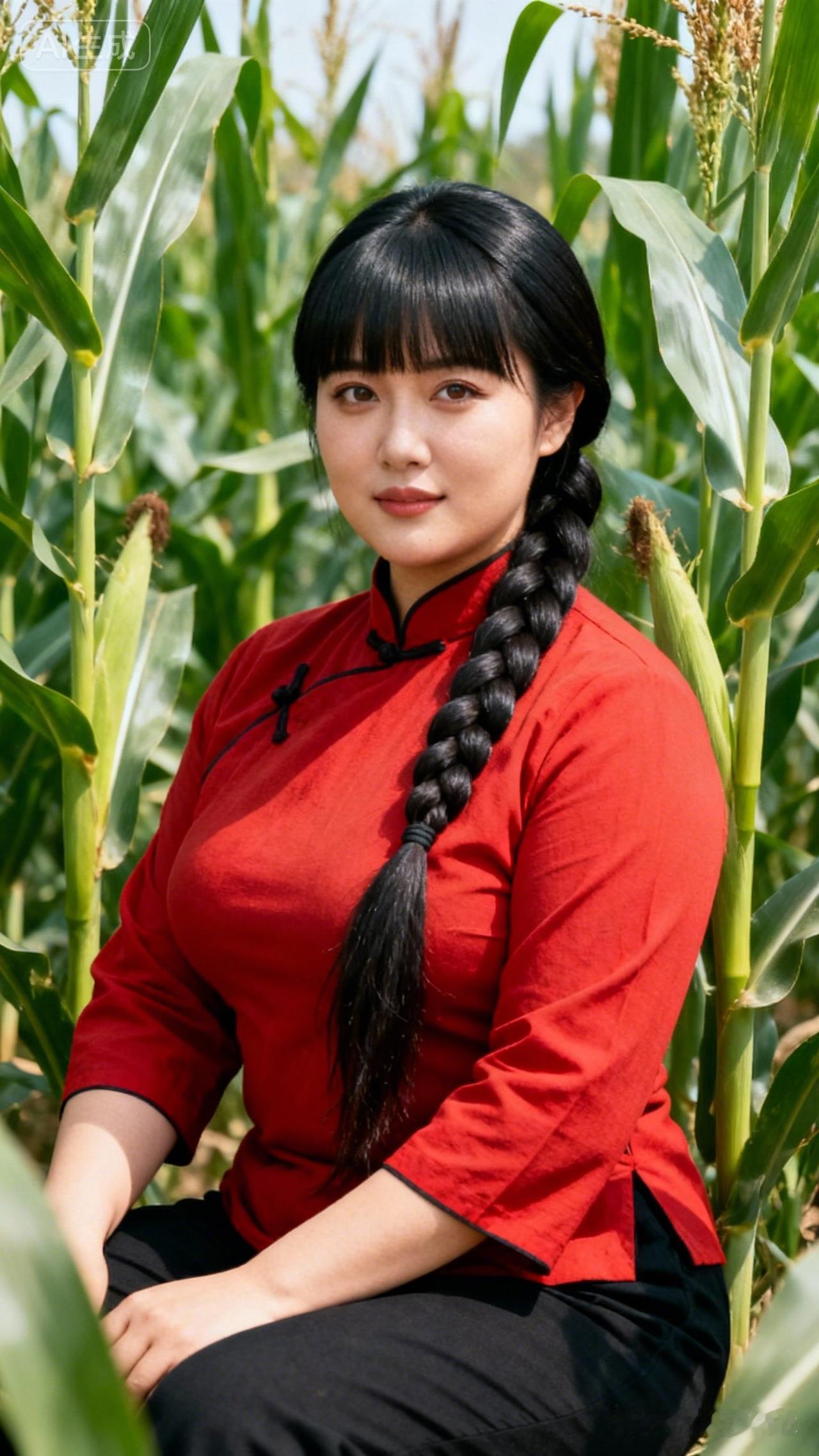 红衣少女与玉米田的完美融合，自然与时尚的碰撞！
